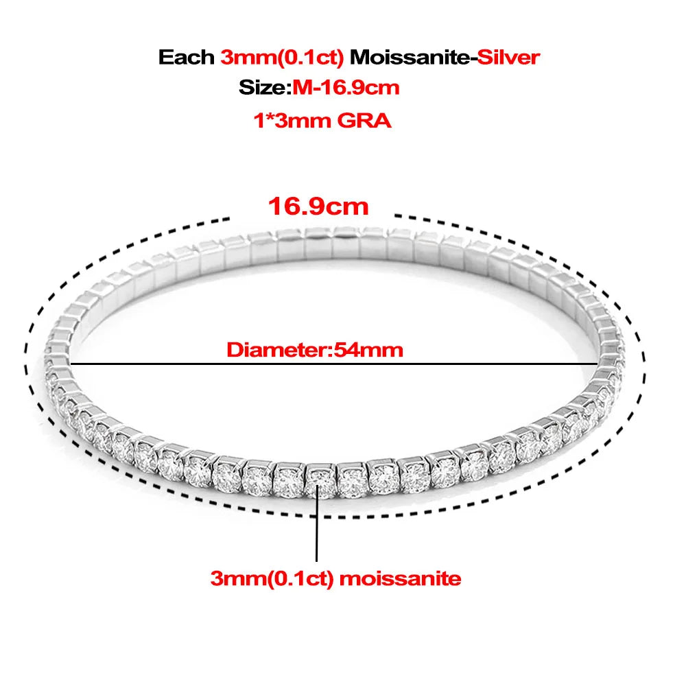 2,5/3 mm voller Moissanit-Tennisarmbänder für Damen und Herren, 925er Sterlingsilber, 18 Karat vergoldet, minimalistischer elastischer Armreif mit GRA
