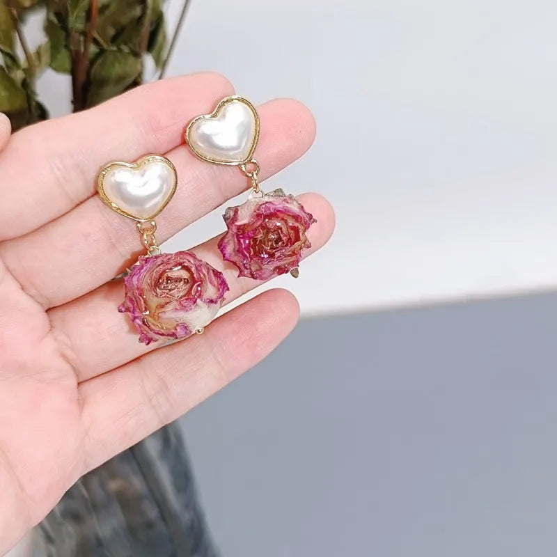 Einzigartige getrocknete Blumenohrringe, elegante natürliche Rose, Blumenperle, Quaste, lange Ohrringe, Epoxidharz, Rosenohrringe, Schmuck im Großhandel