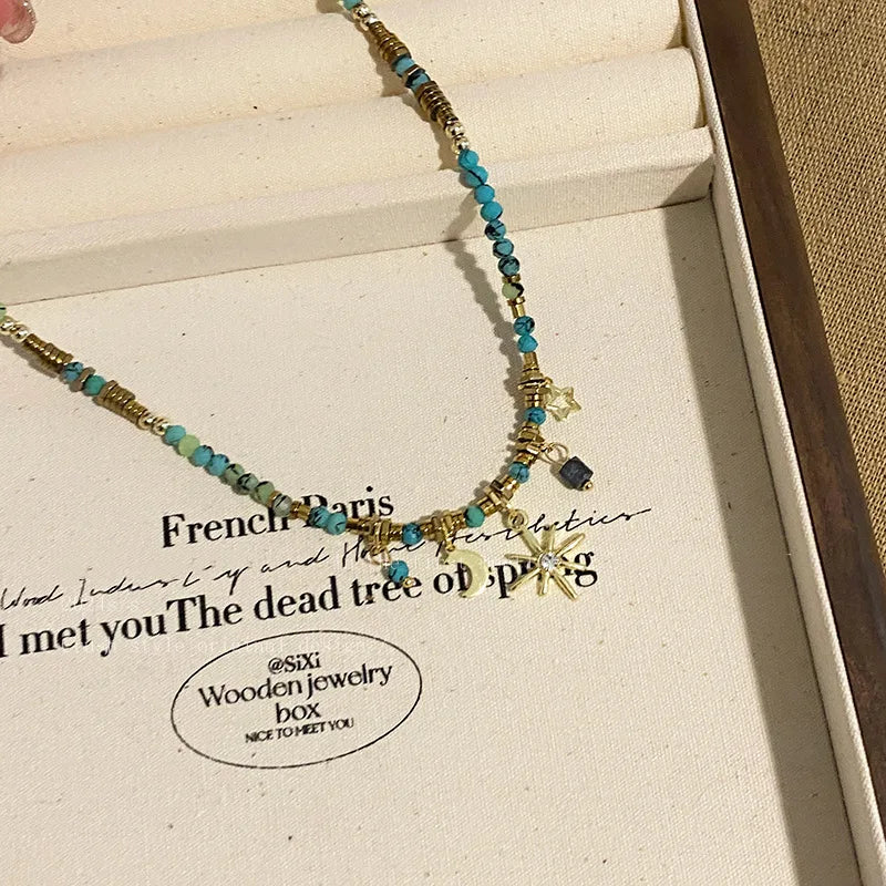 ZAKOL Vintage Böhmischen Stil Stein Perlen Halskette für Frauen Charme Mang Stern Anhänger Gestapelt Schlüsselbein Kette Mode Schmuck Geschenke
