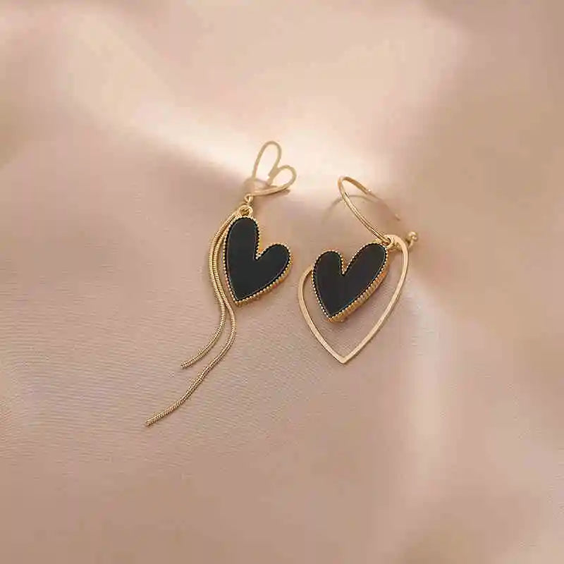 Schwarze Herz-Ohrringe für Frauen, goldfarben, lange Quaste, Metall, asymmetrische Ohrringe, übertriebene Tropfen-Ohrringe, Party, Hochzeit, Schmuck
