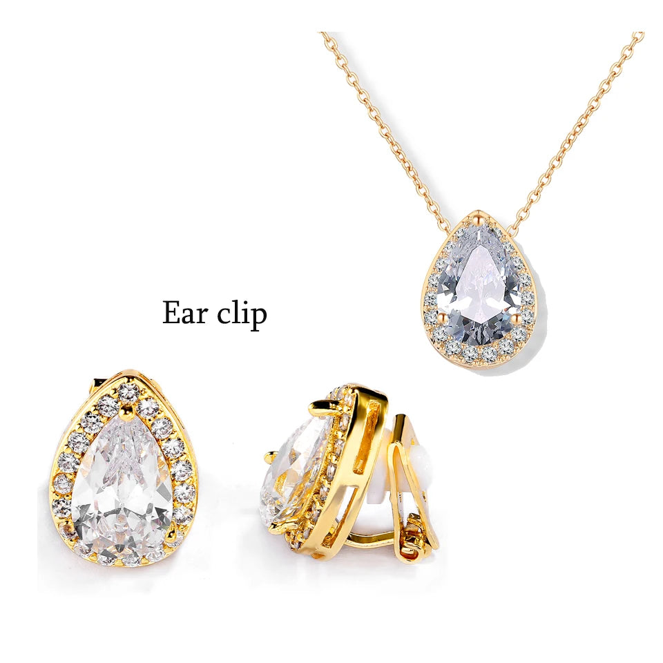 ZAKOL Klassisches Wassertropfen-Zirkonia-Hochzeitsschmuck-Set für Frauen, glänzender AAA-Kubikzirkon, Ohrringe, Halskette, Schmucksets, Geschenk