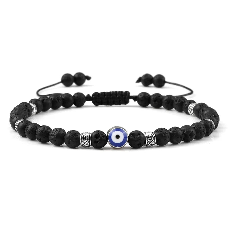 Evil Eye Armband, 4 mm, natürliche schwarze, matte Lavasteinperlen, handgefertigtes geflochtenes Armband für Männer und Frauen, Yoga, Reiki, verstellbarer Schmuck
