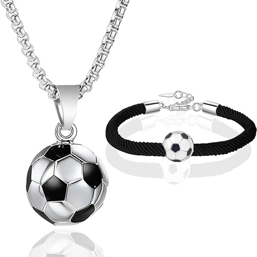 Fußball-Edelstahl-Halskette und Armband, Fußball-Anhänger-Halskette, Tropfarmbänder für Fußballliebhaber, Paare, Tochter, Sohn