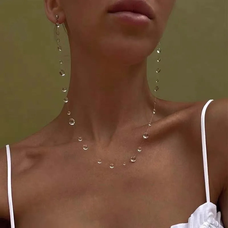 Mode Transparent Wasser Tropfen Halskette Ohrringe Set für Frauen Einfache Kristall Teardrop Dünne Seil Perle Schlüsselbein Kette Schmuck