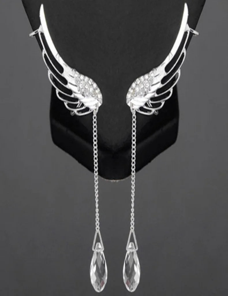Engelsflügel-Kristall-Ohrringe, versilbert, baumelnde Ohrstecker für Frauen, lange Manschettenohrringe, Böhmen-Quasten-Ohrschmuck