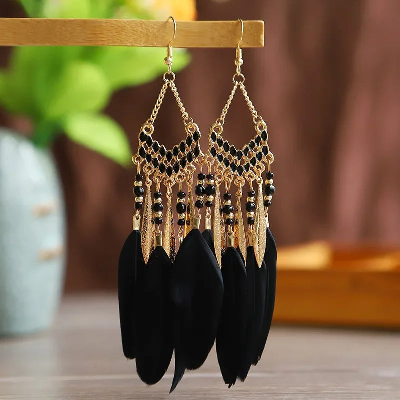 Bohemian Ethnische Feder Baumeln Ohrringe Für Frauen Trendy Lange Quaste Bunte Perlen Tropfen Ohrringe Mädchen Weibliche Boho Schmuck