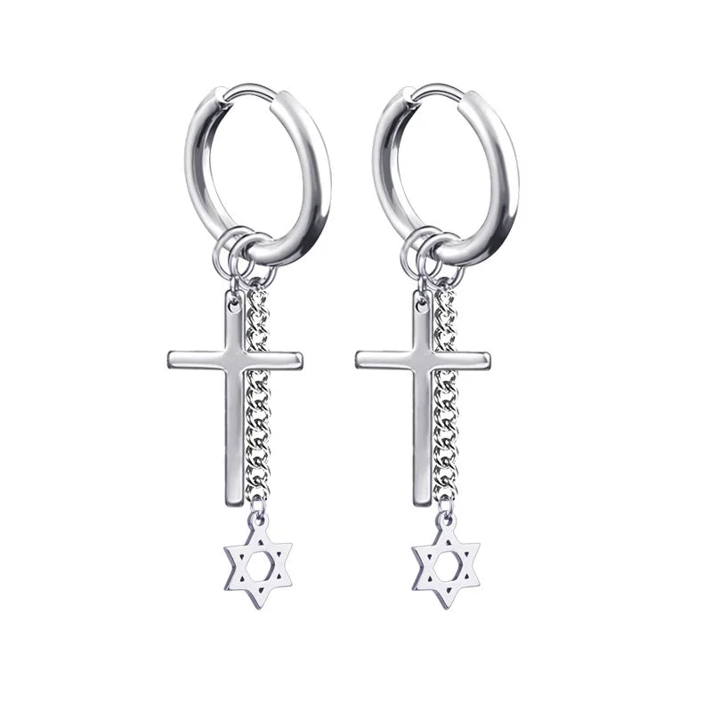 Neueste 1 Paar Edelstahl Kreuz Anhänger Baumeln Lange Quaste Unisex Creolen Männer/Frauen Punk Gothic Schmuck Beste Geschenke