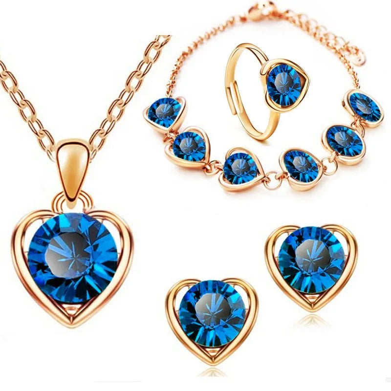 Blauer Kristall Ring Halskette Ohrringe Set Hochzeit Schmuck Sets für Bräute Anhänger Ohrringe für Mädchen Frauen Afrikanische Schmuck Sets