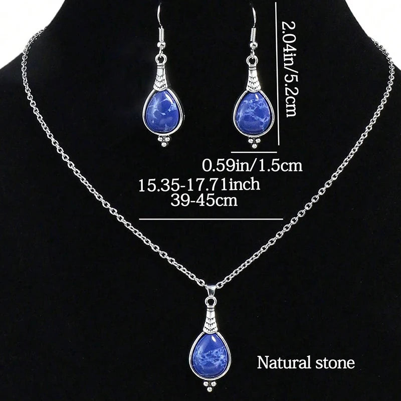 Mode Böhmischen Vintage Einfache Blaue Natürliche Stein Schmuck Set Frauen Silber Farbe Kette Lange Anhänger Halskette Waterdrop Ohrringe