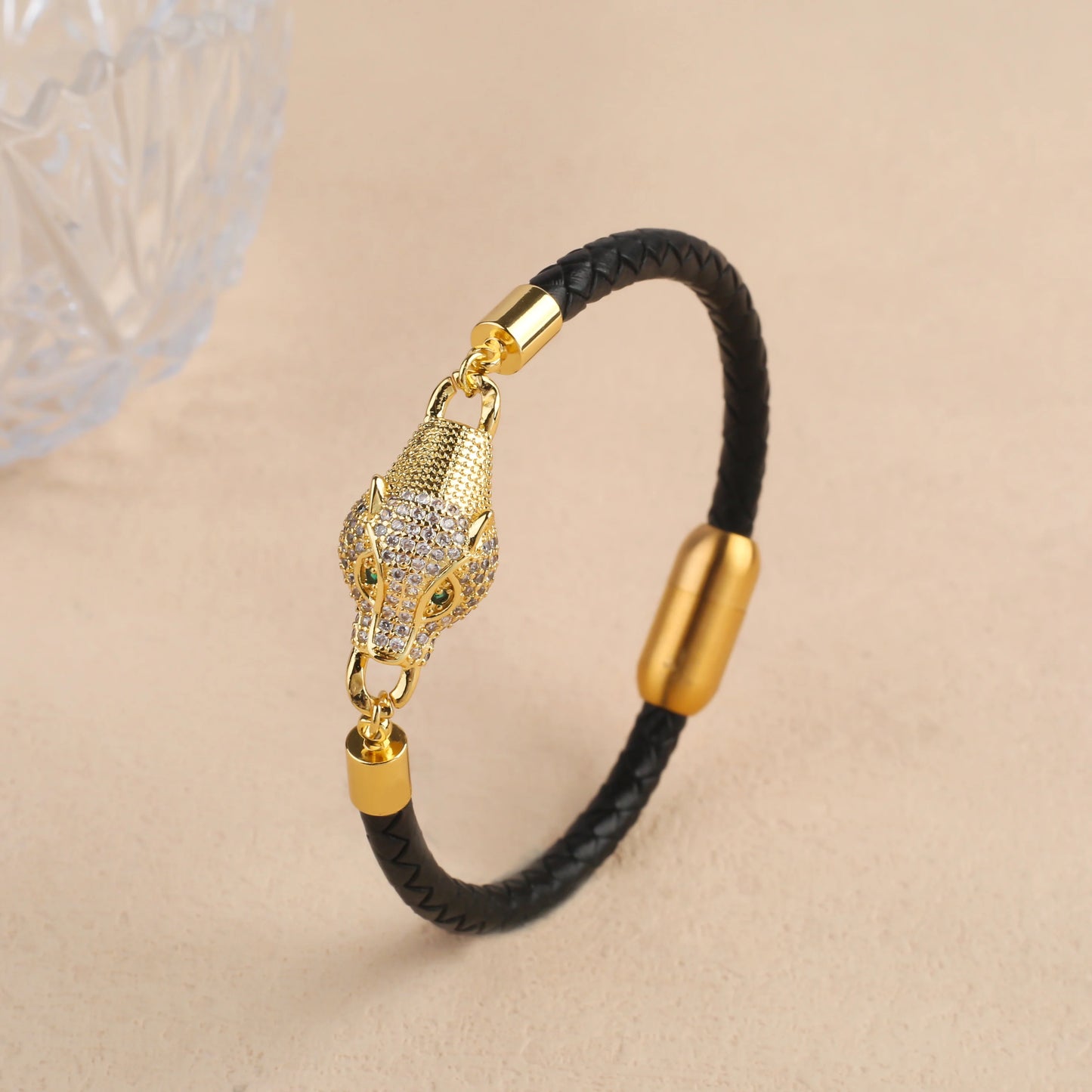 Voller Zirkonia, Leoparden-Tier-Leder, geflochtenes Edelstahl-Armband, klassisch für Mann und Frau, täglicher Party-Schmuck, Geschenk