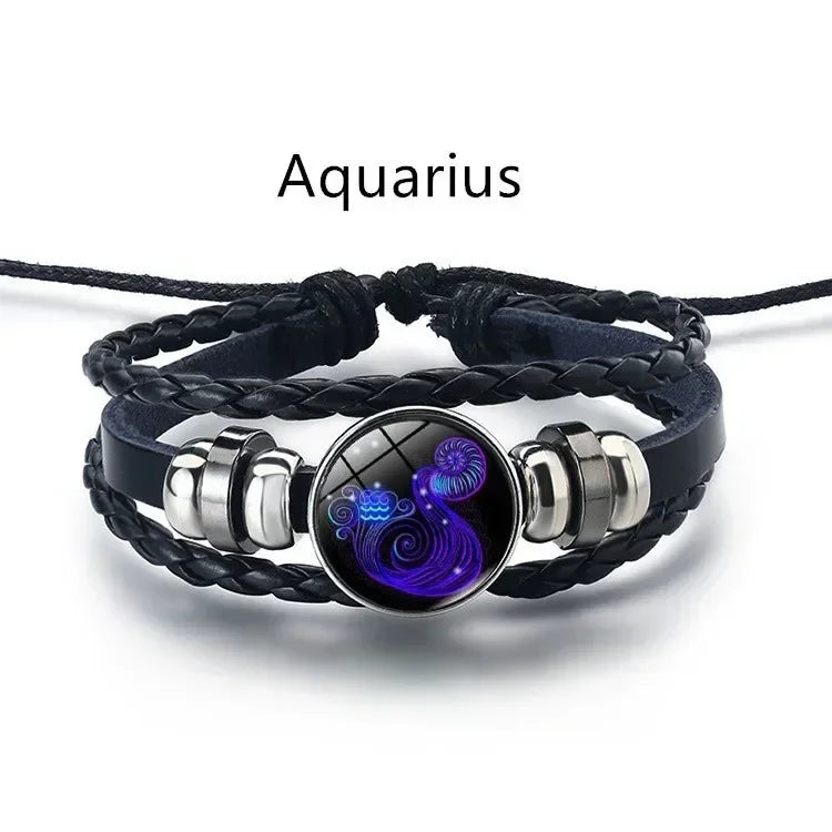 12-Sternbild-Sternzeichen, schwarzes geflochtenes Lederarmband, Krebs, Löwe, Jungfrau, Waage, gewebte Glaskuppel, Schmuck, Punk-Männerarmband