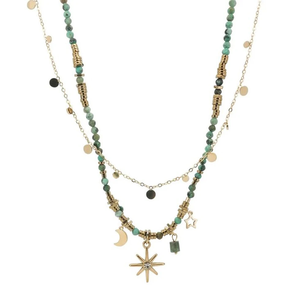 ZAKOL Vintage Böhmischen Stil Stein Perlen Halskette für Frauen Charme Mang Stern Anhänger Gestapelt Schlüsselbein Kette Mode Schmuck Geschenke