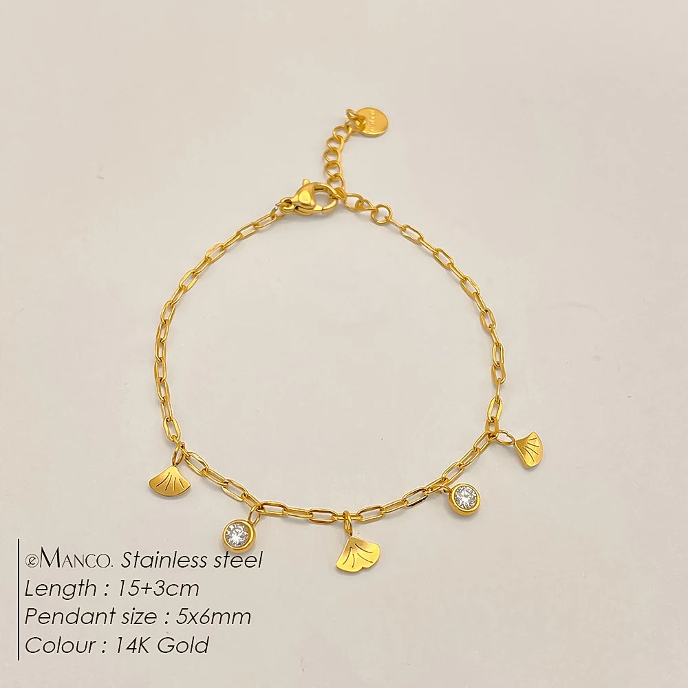 eManco Fashion Ginkgo Biloba Damen-Anhänger-Armband, 14 Karat vergoldeter Edelstahl, täglicher Schmuck, wasserdicht