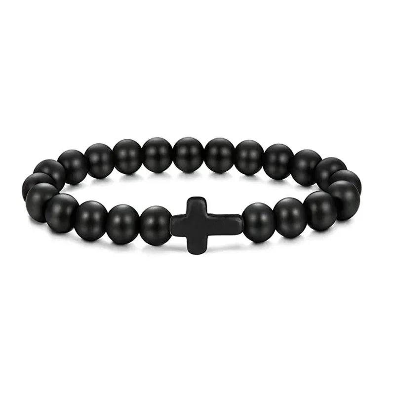 Gebet Männer Naturstein Holz Perlen Rosenkranz Hämatit Kreuz Armbänder Onyx Meditation Armband Frauen Yoga Schmuck Homme Pulsera