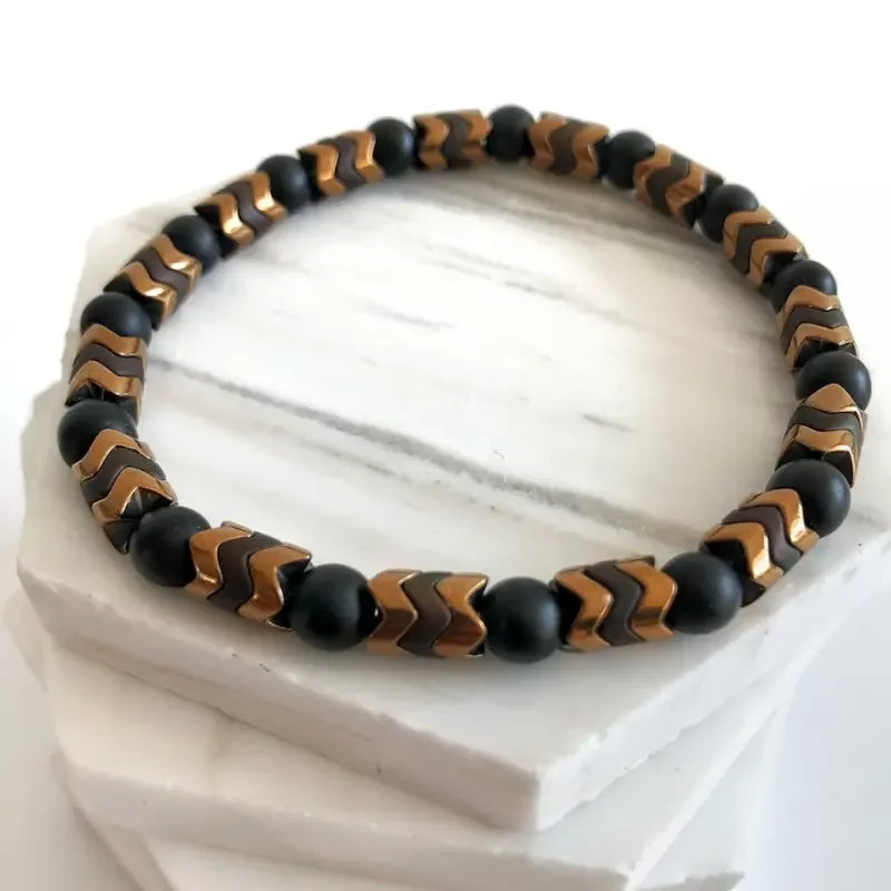 Schwarzes Onyx-Yoga-Armband mit runden Perlen und Pfeilsteinperlen für Herren