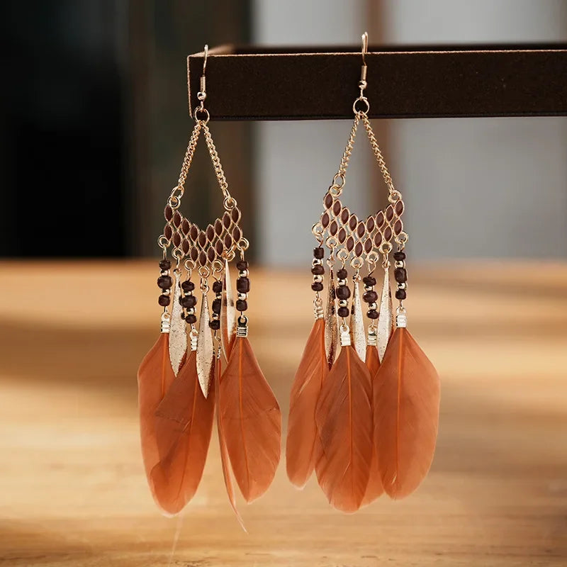 Bohemian Ethnische Feder Baumeln Ohrringe Für Frauen Trendy Lange Quaste Bunte Perlen Tropfen Ohrringe Mädchen Weibliche Boho Schmuck
