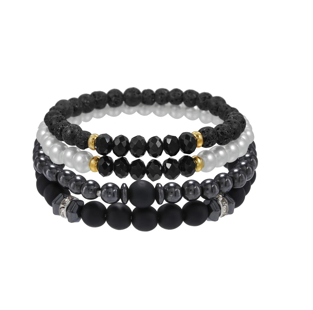4 Teile/satz Schwarz Gall Stein Vulkanstein Holz Perlen Multi-schicht männer Kombination Elastische Armband Für Paar Freunde schmuck