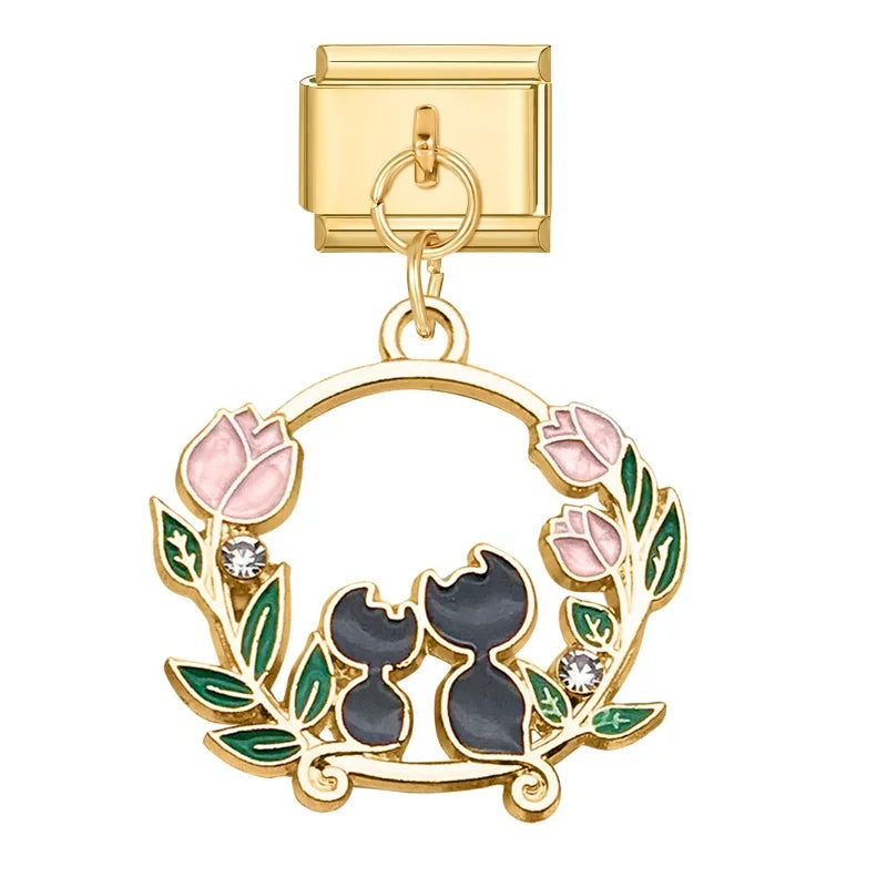 Gold Farbe Schöne Katze Rose Liebe Blume Eis Umschlag Anhänger Italienischen Charme Link Fit 9MM Armband Edelstahl DIY Machen