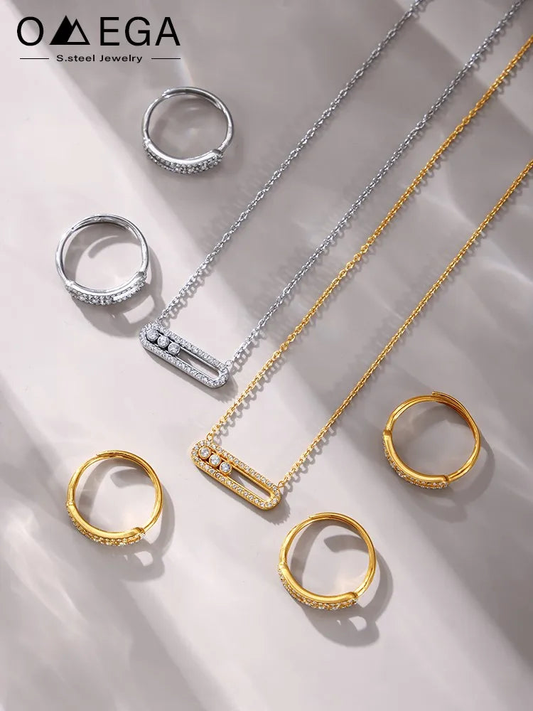Edelstahl-Ketten-Halsketten, Ringe für Damen, 18 Karat vergoldet, mit beweglichem Zirkon-Anhänger, Halskette, passendes Ring-Schmuckset