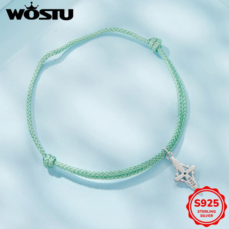 WOSTU Sternenlicht-Kreuz-Armband aus 925er-Sterlingsilber, grünes Seil für Damen, verstellbar, Glücksgeschenk, edler Schmuck