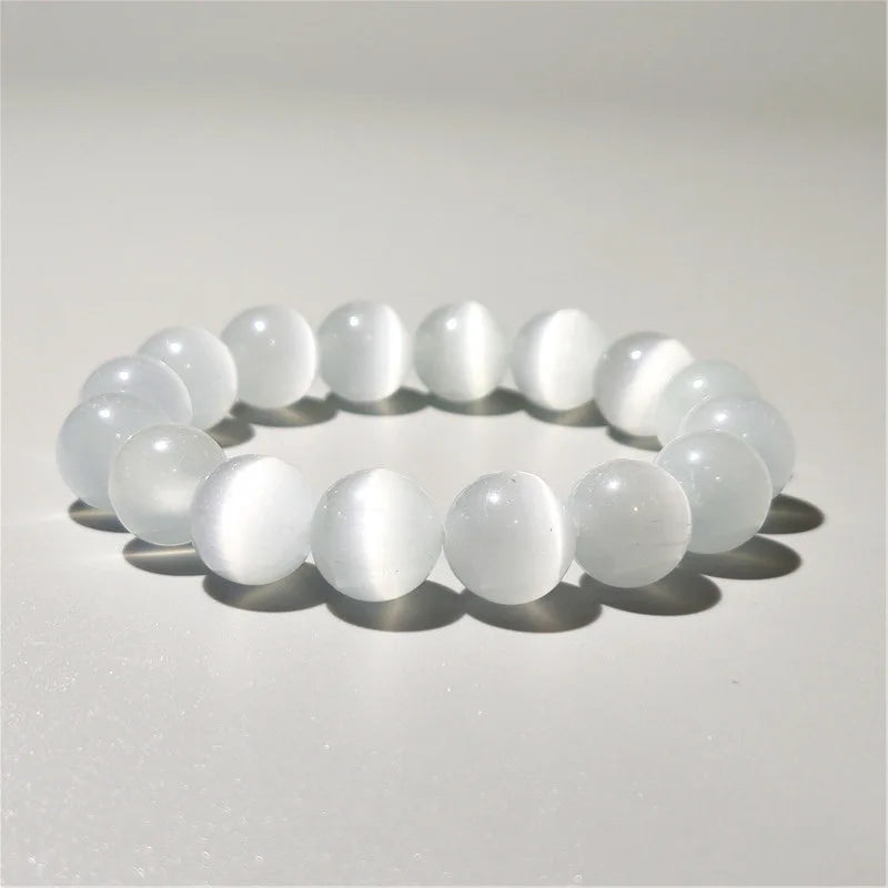100 % natürliches weißes Katzenaugen-Stein-Armband für Damen, 6/8/10 mm, glattes Perlenarmband, Geschenke für Liebhaber, Mondstein-Armband