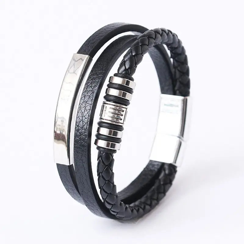 Trendige Lederarmbänder für Männer, Edelstahlarmband, 21 cm, mehrschichtige geflochtene Seilarmbänder für männliche Schmuckgeschenke