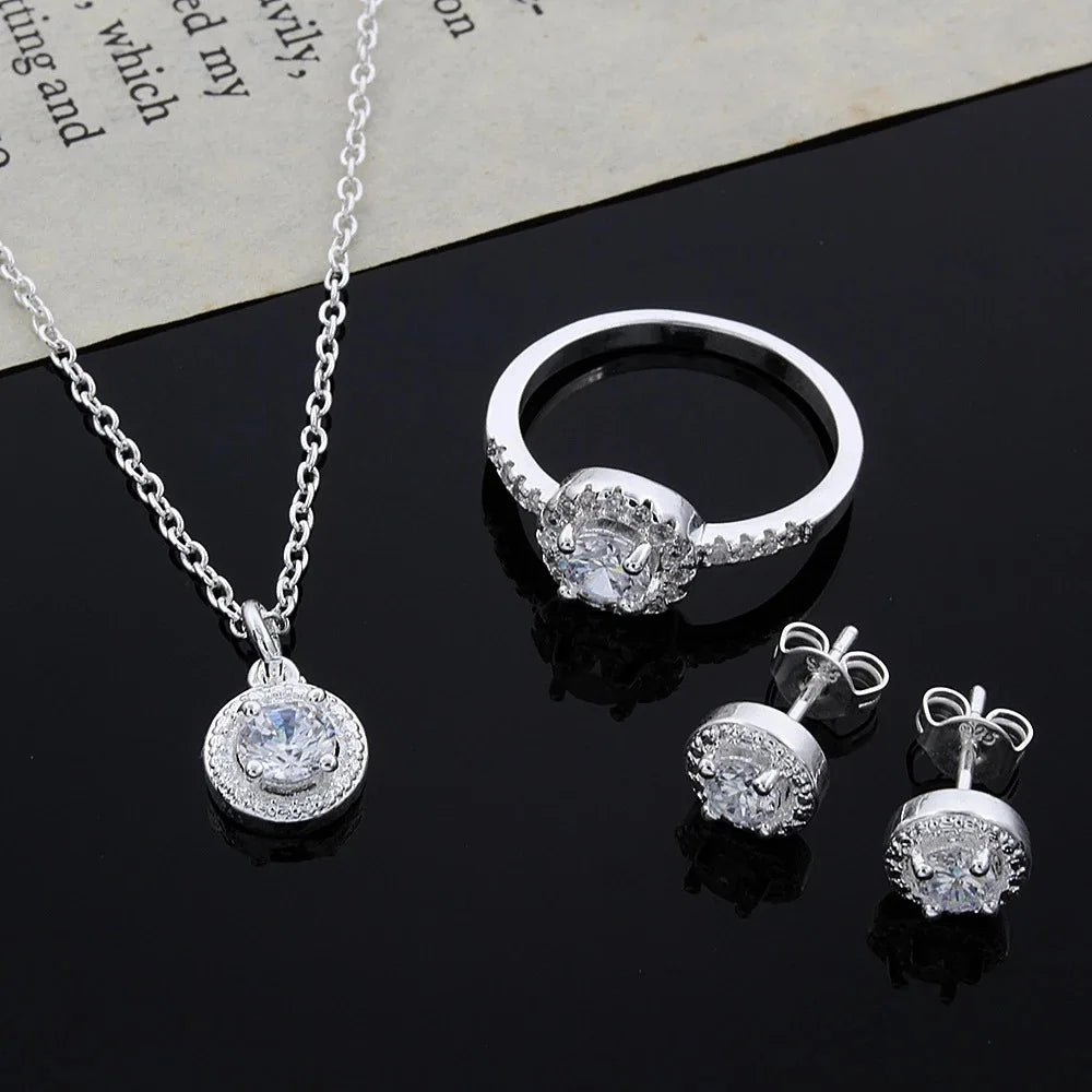 Zirkon Kristall Silber Schmuck Halskette Ring Ohrringe Set dreiteiligen Set Schmuck