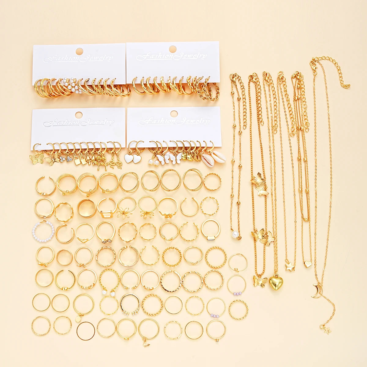 114 Stück Schmuck Set schöne Atmosphäre Lady Punk Perle Metall Ring Ohrring Halskette Set
