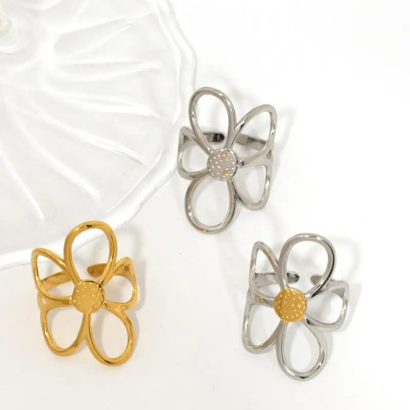 Hohle Gänseblümchen-Blumenringe aus Edelstahl für Damen, schlicht, goldfarben, silberfarben, offener Ring, antiallergisch, rostfrei, stilvoller Schmuck