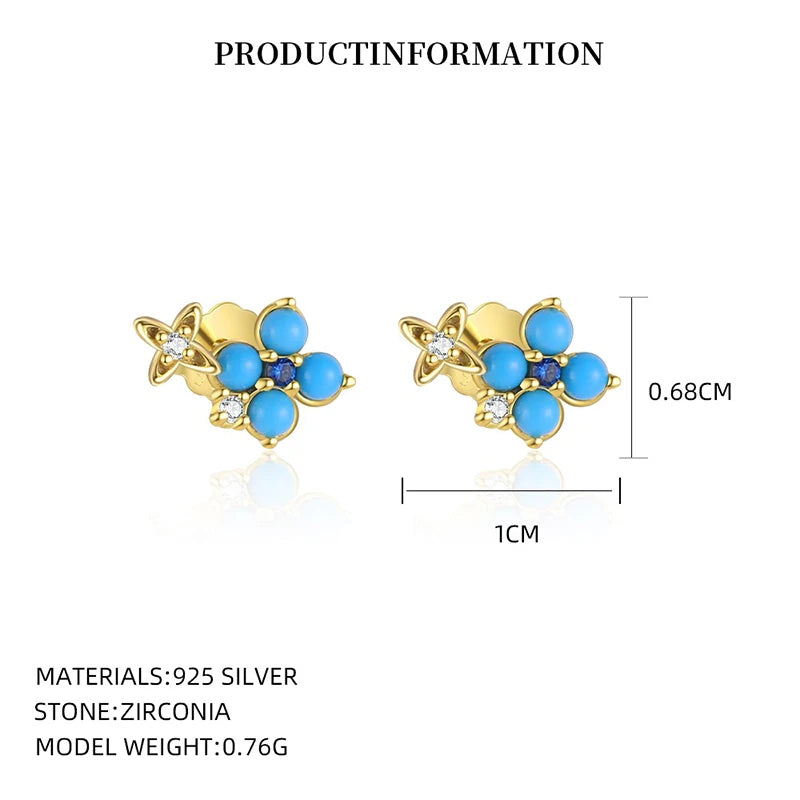 WANTME Ohrstecker aus 925er-Sterlingsilber, romantisch, blau, türkisfarben, Blumen-Stern-Ohrstecker für Damen, modischer Party-Schmuck