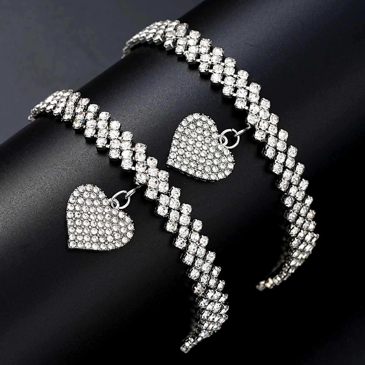 2-teiliges modisches Fußkettchen mit silbernem Strass-Herz-Anhänger für Frauen, Ins Bling Love Foot, Knöchel-Armband-Set, Kette, Schmuck, Geschenke