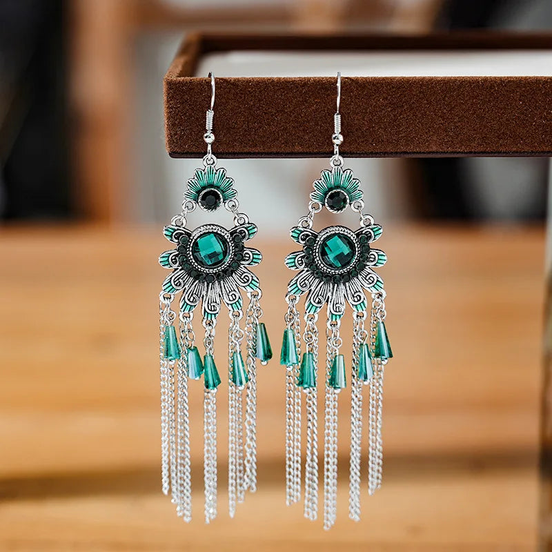 Vintage Ethnische Bunte Kristall Baumeln Ohrringe für Frauen Klassische Strand Kette Quaste Tropfen Ohrring Weibliche Pendiente Bijoux
