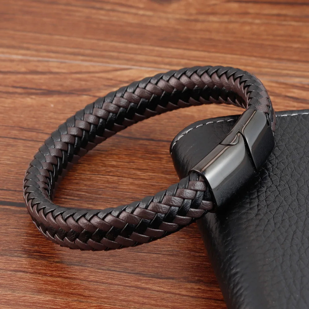 MKENDN Punk Männer Geflochtene Echte Schwarz Kaffee Leder Armband Schwarz Edelstahl Magnetische Schnalle Armband Geschenke Homme Pulsera