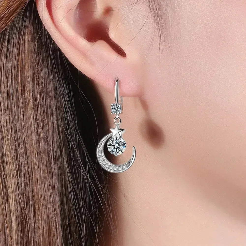 Weibliche Mode Stern Mond Ohrringe 925 Sterling Silber Weißer Saphir Rosa Blau Weiß Künstliche Baumeln Ohrringe