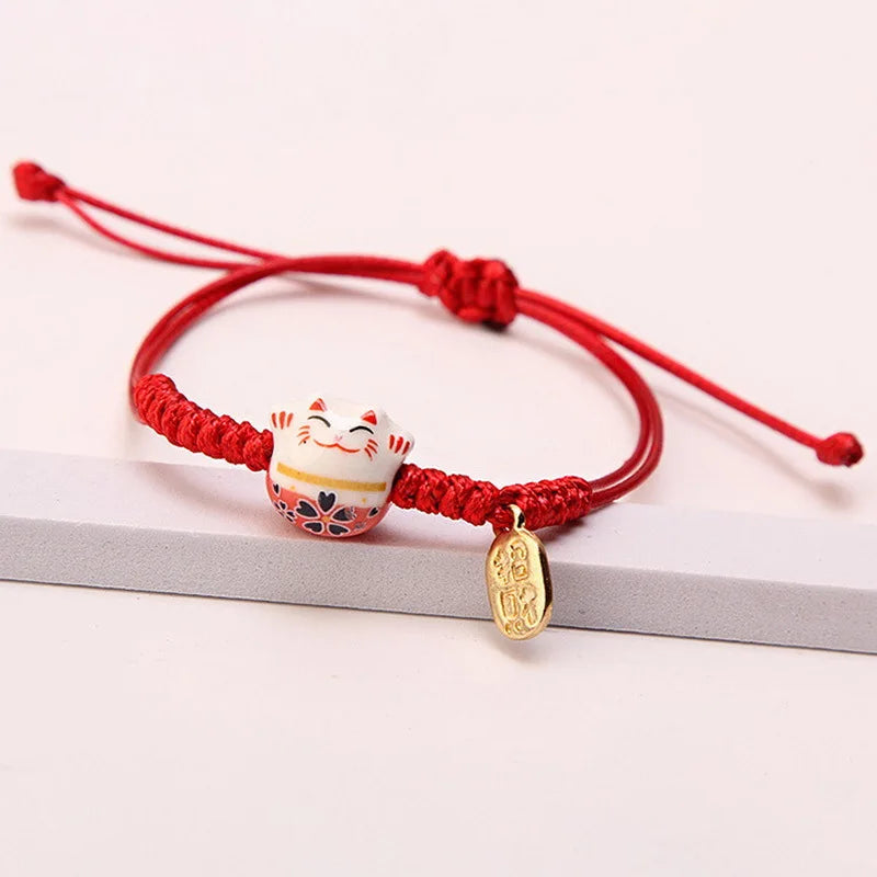 Einfaches geflochtenes Keramik-Glückskatze-Armband für Damen und Herren, mehrfarbig, niedliches Tier, handgestrickt, verstellbares Armband, Harajuku-Schmuck