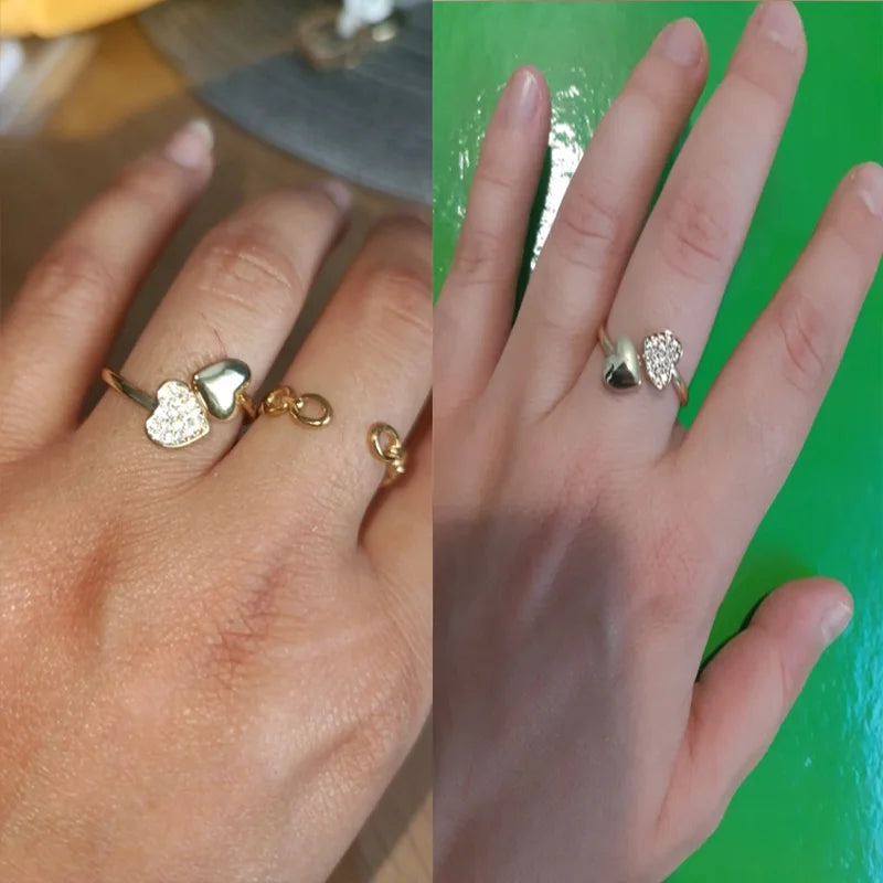 Glatte Doppel Herz Ringe Für Frauen Edelstahl Zirkon Herz Liebe Ring Einstellbare Finger Ring Weihnachten Schmuck Hochzeit Geschenk