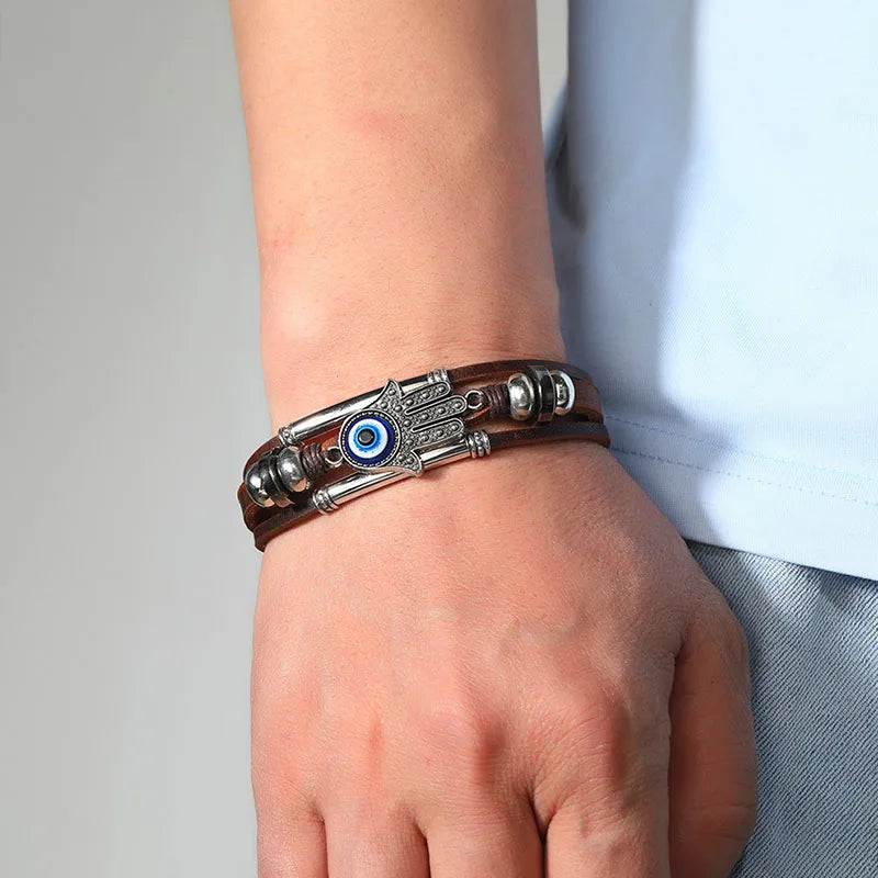 Evil Eye Fatima Hand Charm Armbänder für Frauen Männer Echtes Leder Armband Türkische Blue Eye Armband Glück Hand Schmuck Geschenke