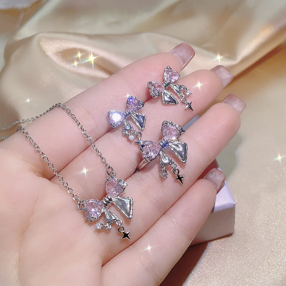 2024 Mode süße Zirkon Schleife Halskette Ohrringe Ringe Set drei Stück Silber Farbe elegante Luxus y2k Schmuck Set Party Geschenke antike