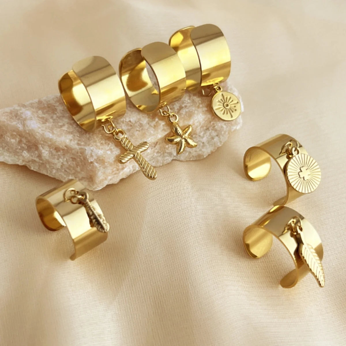 Punk Chunky Edelstahl Anhänger Ringe Für Frauen Männer Licht Luxus Geometrische Sonne Seestern Feder Blatt Öffnung Ringe Schmuck