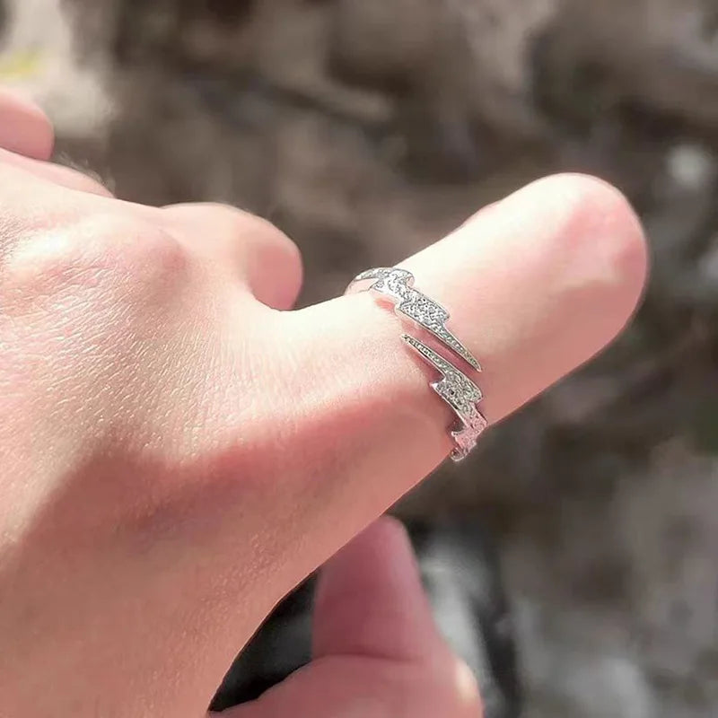 Punk Hip Hop Silber Farbe Zirkon Blitz Offene Ringe für Männer Mode Schmuck Geschenk Kreative Einstellbare Ring