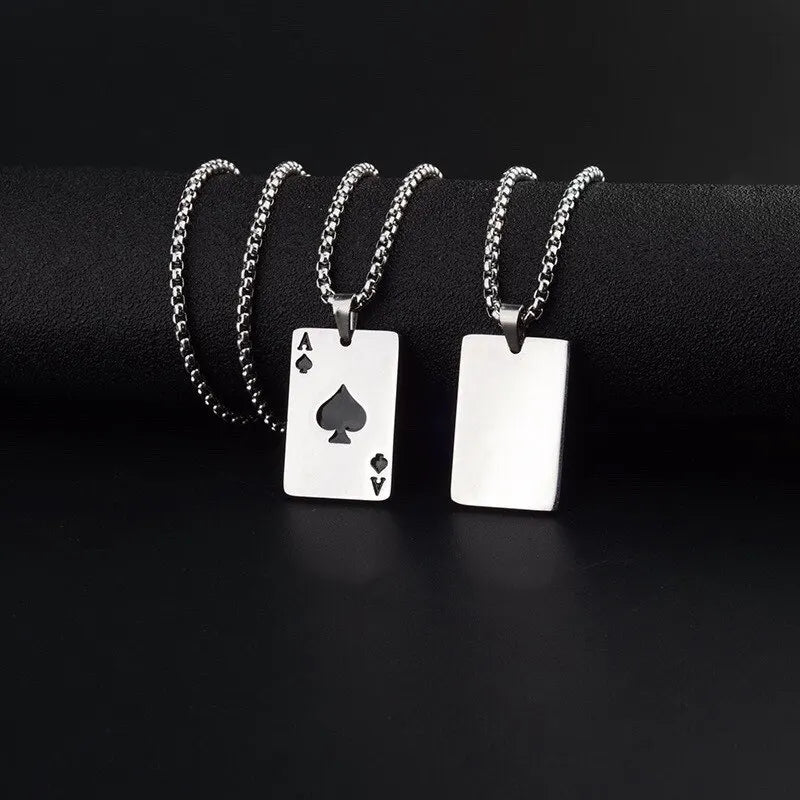 2 Stück Set Hip Hop Statement Edelstahl Poker Karte Ass Spaten Halskette für Frauen Männer Anhänger Kette Spielkarten Schmuck