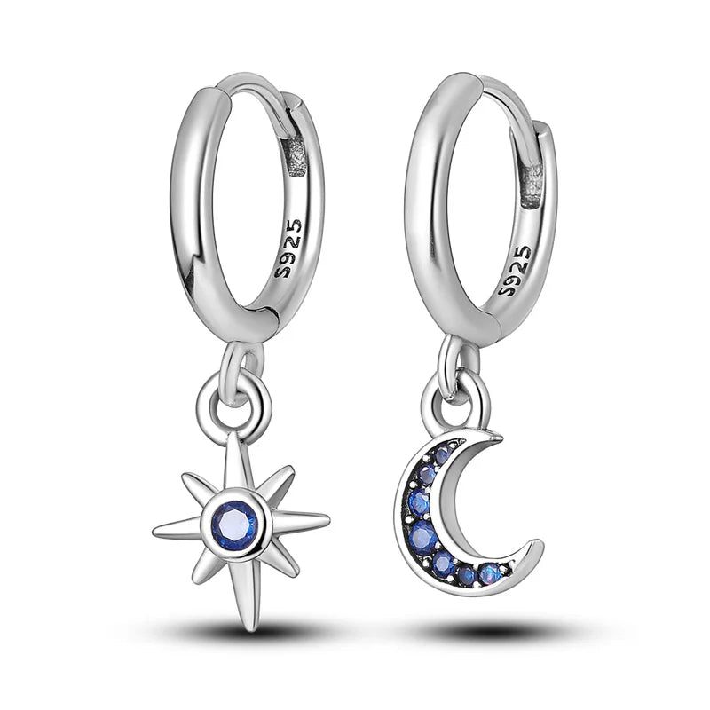 Heißer Verkauf Mode 925 Silber Farbe Ohrringe Blau Zirkon Sterne Mond Unregelmäßigkeit Ohrringe Für Frau Feine Geburtstag Schmuck Geschenke