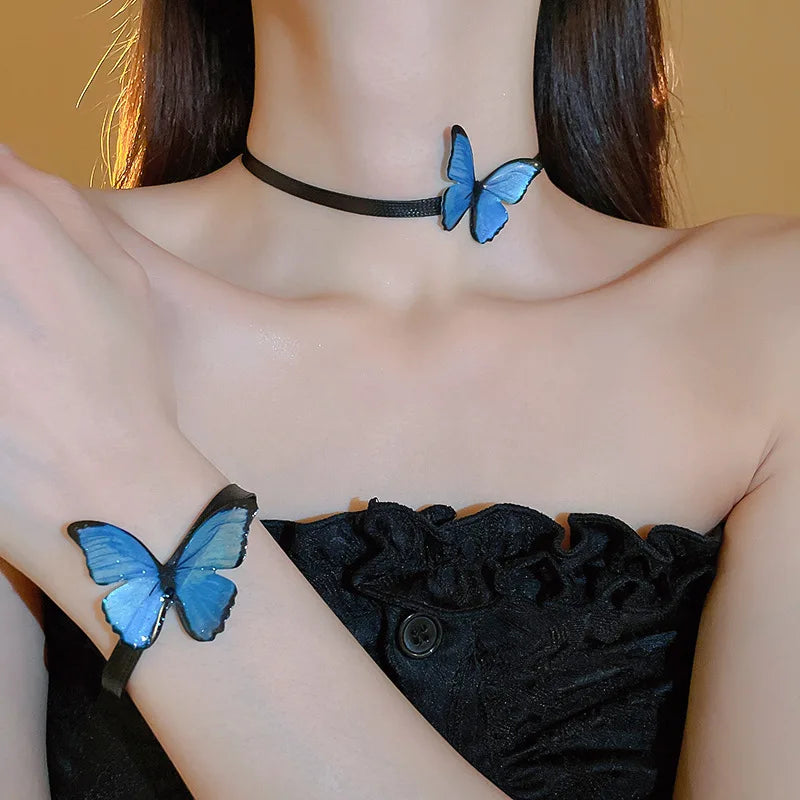 Blaue Schmetterling Halskette Armband Schmuck Set für Frauen Boho Leder Kette Choker Halskette Armreif Imitation Pealr Ohrringe