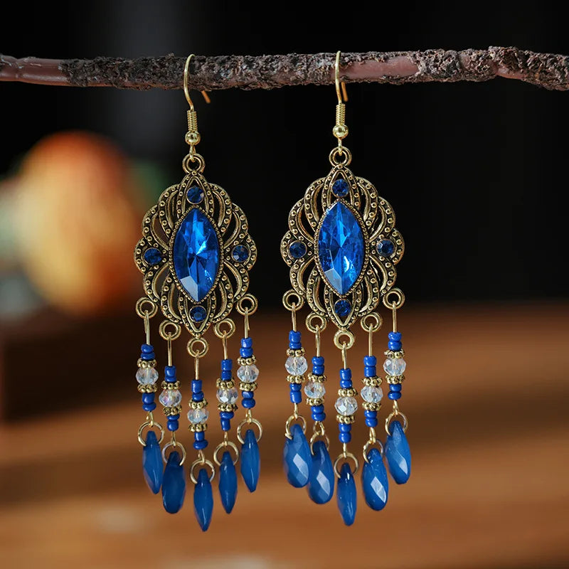 Vintage böhmischen langen Tropfen baumeln Ohrringe für Frauen geometrische Perlen handgemachte Quaste Kristall ethnischen Boho Hochzeit Ohrringe Schmuck