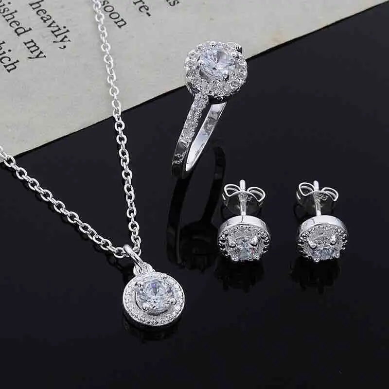 100% reine 925 Sterling Silber Braut Schmuck Sets Cubic Zirkon Halskette Ohrringe Ring Geschenk für Frauen Geburtstag Valentinstag Weihnachten
