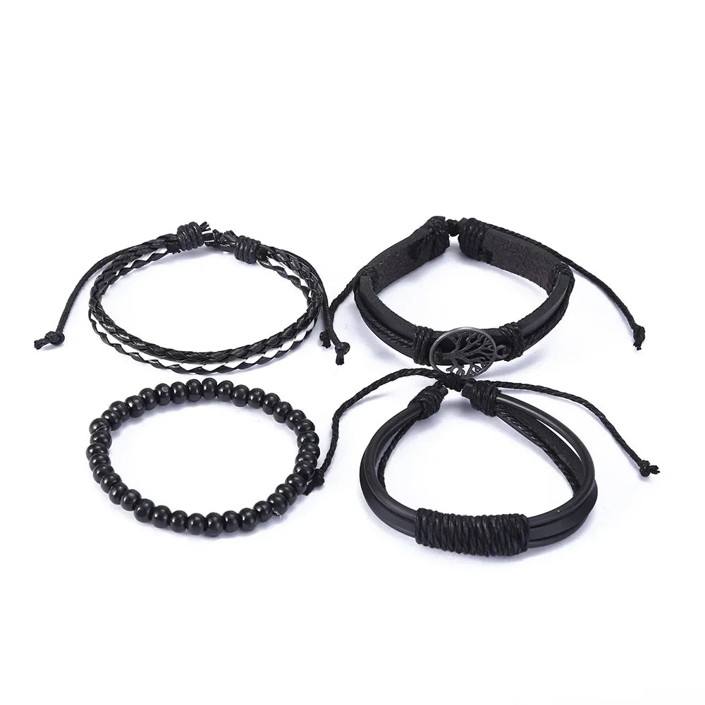 3-4 Stück Vintage Leder Armband Set für Männer Baum des Lebens Charme schwarz gewebte Seil Perlen Kette Wrap Armreif Frauen handgemachten Schmuck