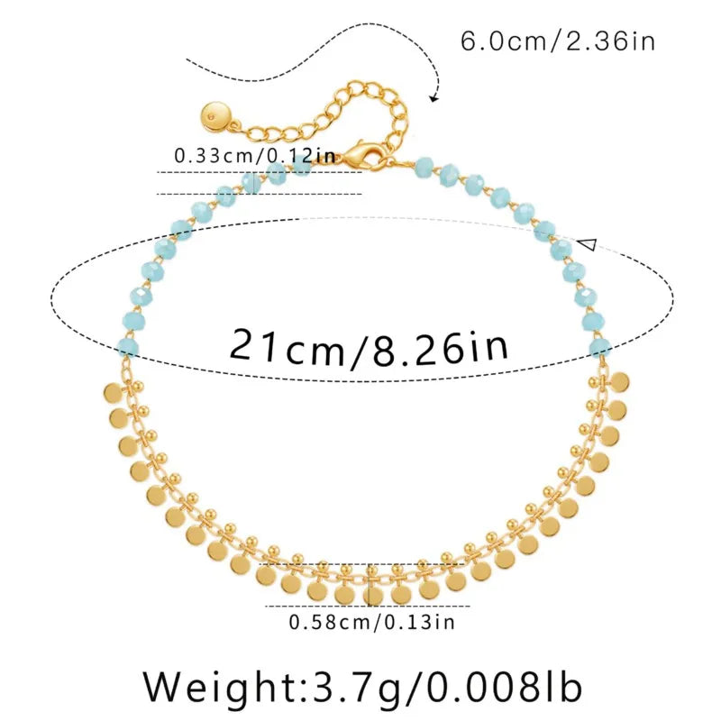 ANENJERY 18K vergoldete Quasten Charm Fußkettchen für Frauen Boho Sommer Armband Blauer Stein Perlen Handgefertigter Schmuck Großhandel