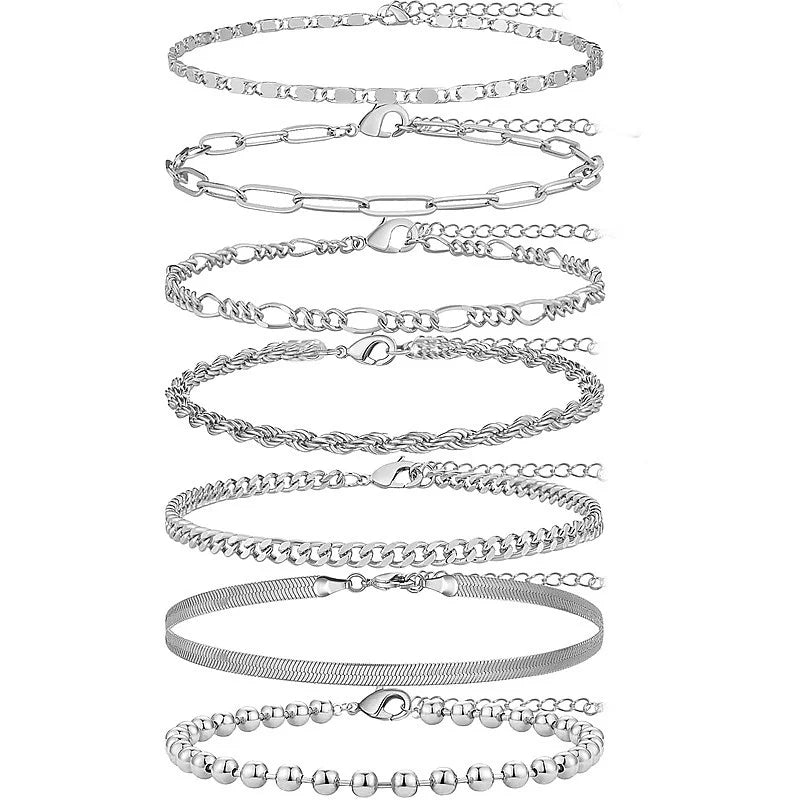 5 Stück/7 Stück 14K vergoldetes Fußkettchen Cuban Link Figaro Büroklammer Seil Fischgrätenkette Fußkettchen Set Geschenk für Frauen Mädchen