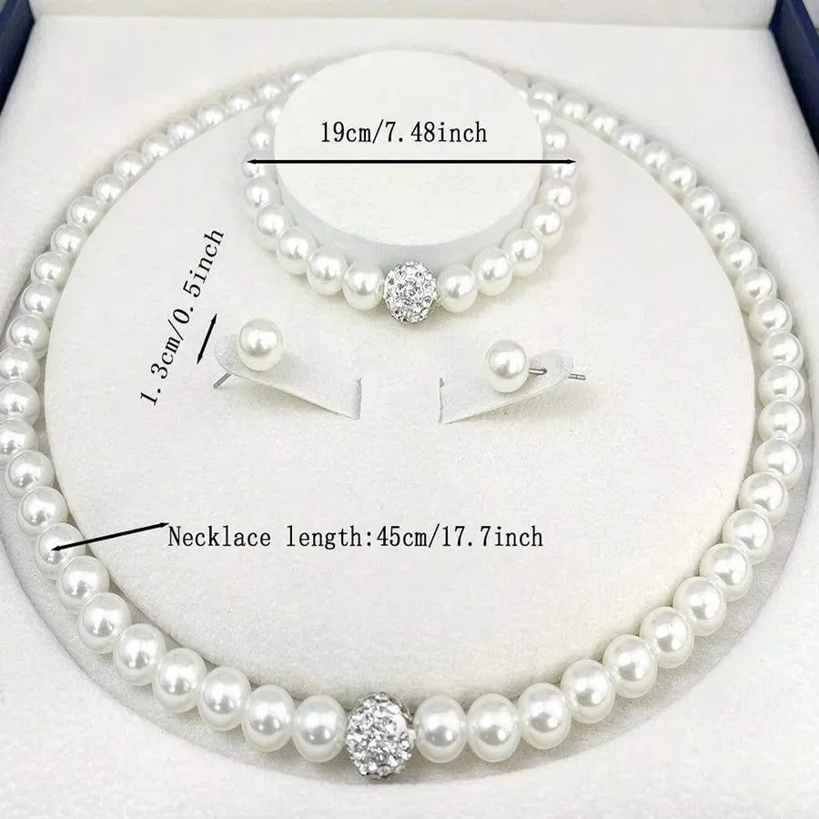 3-teiliges Set mit Imitationsperle, Feuerball-Halskette, Armband, Ohrring, Ohrstecker, Schmuckset, silberfarben, Kristallstein, eleganter Brautschmuck