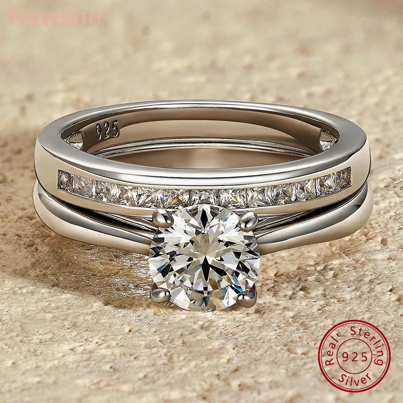 Newshe Verlobungsring aus 925er Silber, Ehering, Weiß-Gelb-Gold, Schmuck, luxuriöser Solitär-Ring mit rundem Kubikzircon und Diamanten